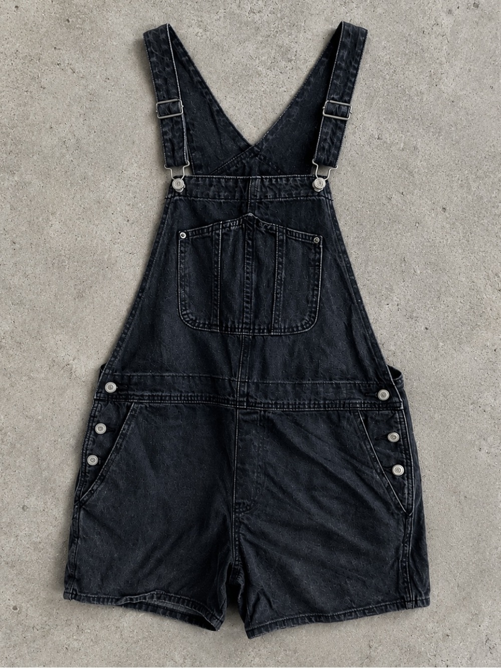 Old Navy Black Denim Shortalls Women Large Button Side Overall Shorts Streetwear
